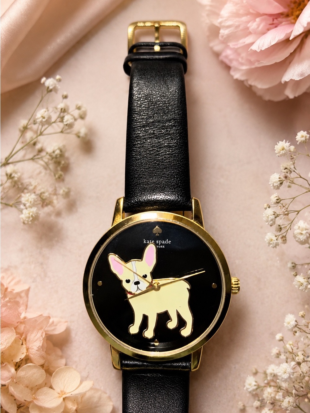 kate spade Black & Gold frenchie dog watch